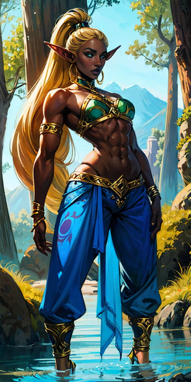 Extremely detailed Artgerm style: This sets the overall artistic style with a high level of detail. Fantasy art: This specifies the genre. Goddess of the green forest: This defines the character's role and gives context to the setting. Woman with long, elf ears: This incorporates the elf features. Black skin: This specifies the character's race. Ornate bikini armor: This combines the skimpy clothing with a fantastical, protective element. Blue high heels standing straight symmetrical: This suggests the color of the bikini and potentially the water body. Long, messy blonde hair: This adds a detail that contrasts the Artgerm style, which is typically more polished for hair.