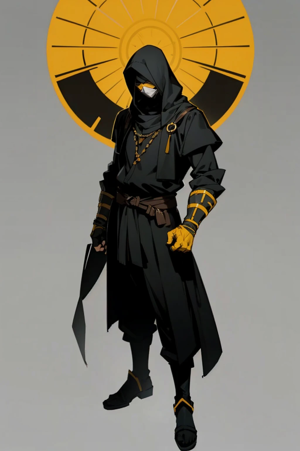 A old adult anime man, yellow and black mask covering all the face, a black tunic, standing, full body, blank scenery, dark skinned