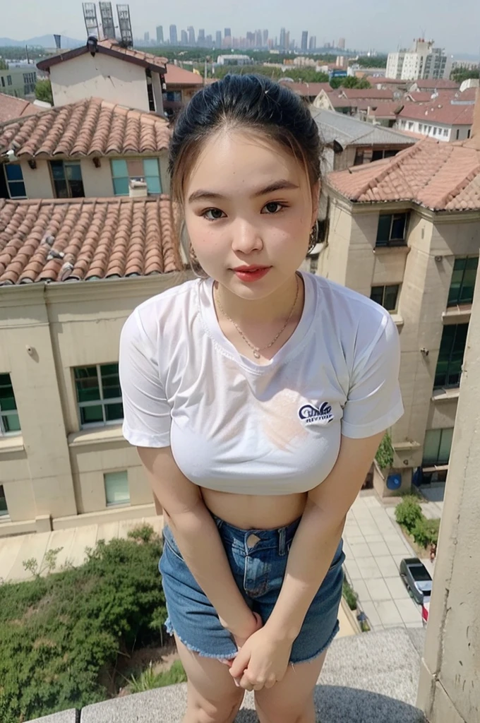 ((Midnight, highest quality, 8k, masterpiece :1.3)), whole body, Long legs, Sharp focus :1.2, Beautiful woman with perfect figure :1.4, Slim Abs :1.1, ((Dark brown hair, small Breasts :1.2)), (White tight T-shirt, shorts Jeans, Are standing:1.2), ((Night city view, rooftop:1.3)), Highly detailed face and skin texture, Fine grain, Double eyelids one girl,highest quality,masterpiece,figure,Very delicate and beautiful,CG,Unity,8k wallpaper,wonderful,In detail,masterpiece,Official Art,Very detailed CG Unity 8k wallpaper,Incredibly absurd,Large file size,Very detailedな,High resolution,Very detailed,Beautiful detailed girl,Realistic,from the front,Outdoor, Knee-high socks, bangs, Black boots