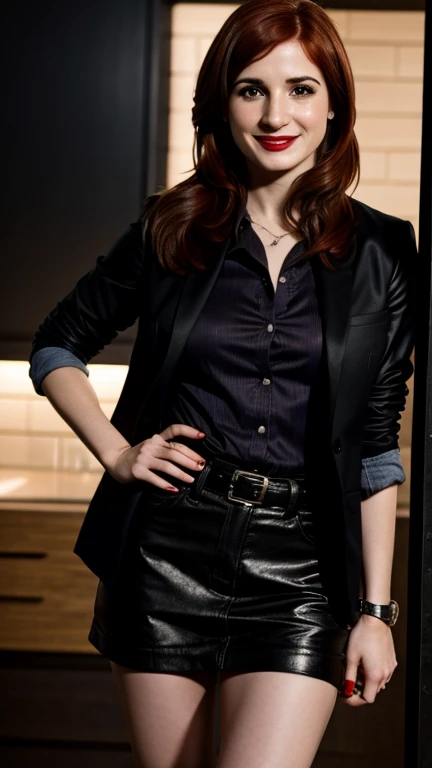 Aya Cash dressed in bad girl clothes with lipstick and smiling
