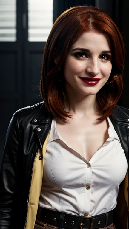 Aya Cash dressed in bad girl clothes with lipstick and smiling