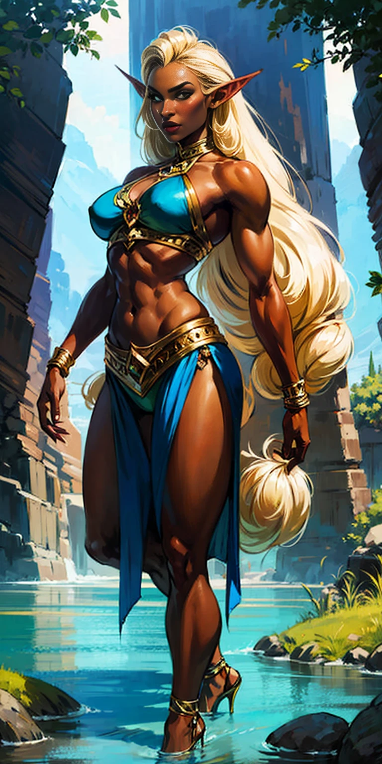 Extremely detailed Artgerm style: This sets the overall artistic style with a high level of detail. Fantasy art: This specifies the genre. Goddess of the green forest: This defines the character's role and gives context to the setting. Woman with long, elf ears: This incorporates the elf features. Black skin: This specifies the character's race. Ornate bikini armor: This combines the skimpy clothing with a fantastical, protective element. Blue high heels standing straight symmetrical: This suggests the color of the bikini and potentially the water body. Long, messy blonde hair: This adds a detail that contrasts the Artgerm style, which is typically more polished for hair.