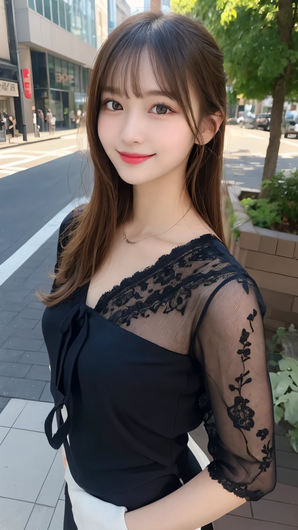 masterpiece, best quality, illustration, ultra-detailed, finely detailed, high resolution, 8K wallpaper, perfect dynamic composition, beautiful detailed eyes, summer blouse setup clothes, medium hair, small breasts, natural color lips, bold sexy poses, smile, Harajuku, 18 years old girl, cute, sexy shot, looking at camera