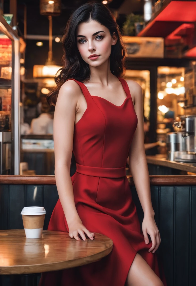 Realistic high definition image of a 20 year old brunette girl with amber eyes and black hair wearing a red dress full body view, in a coffee shop