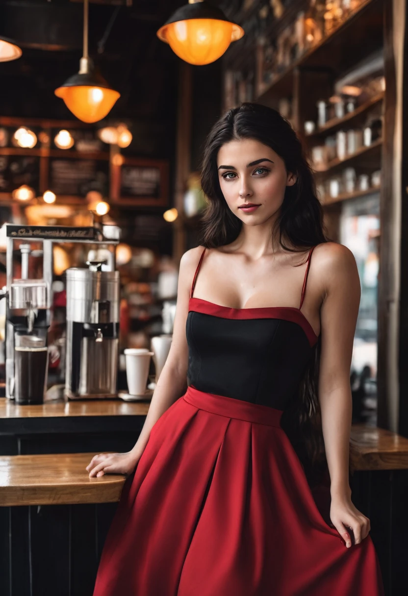 Realistic high definition image of a 20 year old brunette girl with amber eyes and black hair wearing a red dress full body view, in a coffee shop