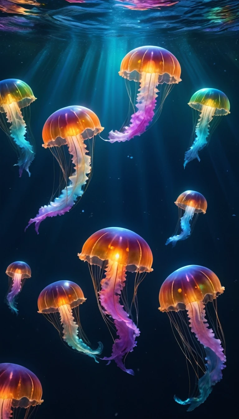 Many colorful jellyfish floating in the dark ocean、Fantasy、8K, 16K, Awards, Highest quality, High resolution, Super Detail