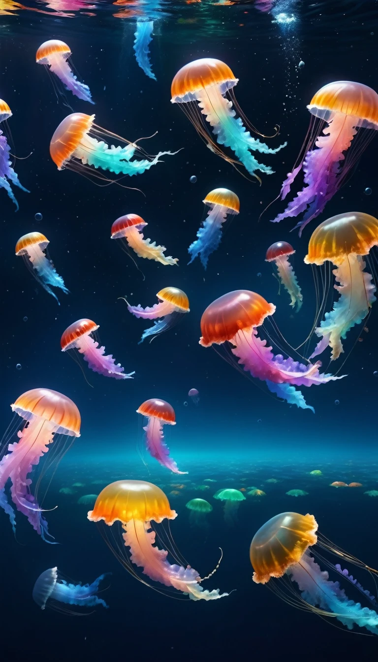 Many colorful jellyfish floating in the dark ocean、Fantasy、8K, 16K, Awards, Highest quality, High resolution, Super Detail