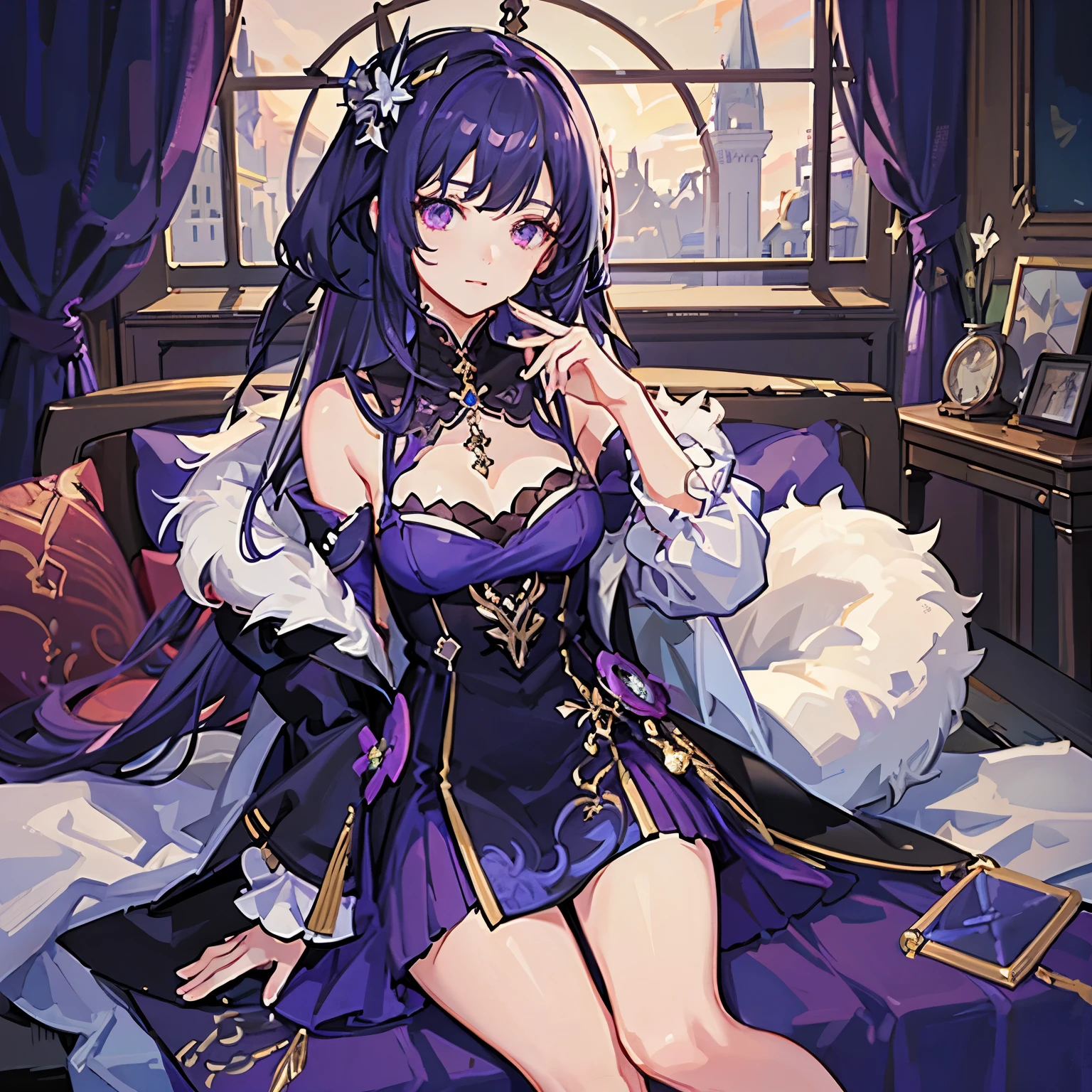 Girl in gorgeous clothes sitting in front of the castle，best quality, Extremely detailed, beautiful girl，Purple long hair，Genshin Impact，HD quality，Lots of details，The chest is a little smaller