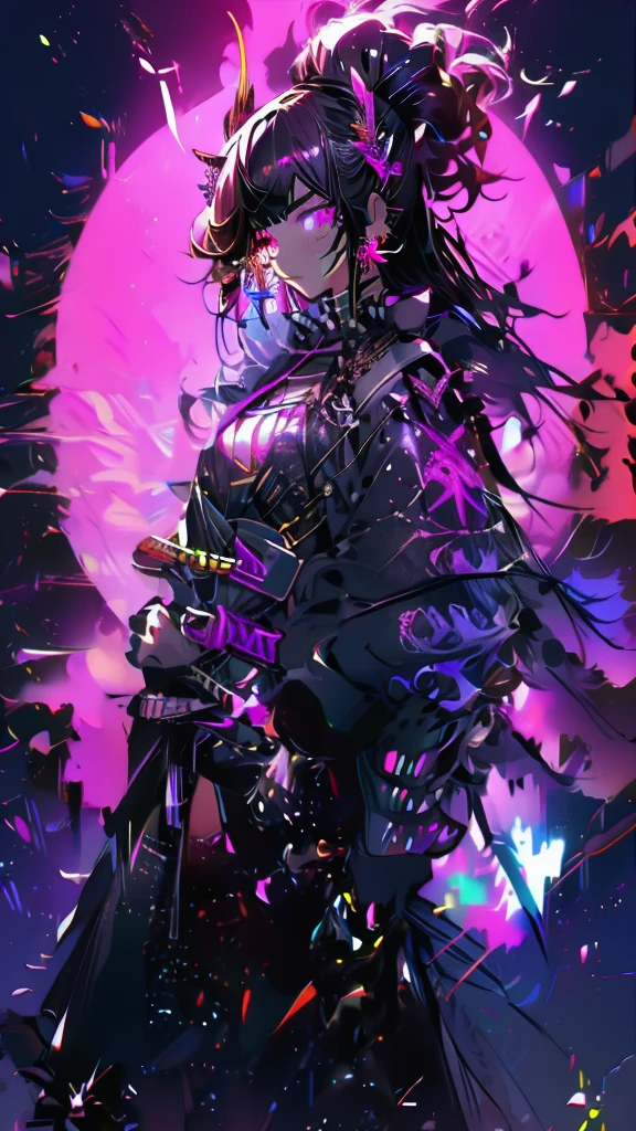 (White heir Shot heir Whole body)
((Girl Have a Sword))
Death Clothes Dress 
((Grim Reaper A Girl))
(((Black Butterfly On the Hand)))
Eyes color Neon Pink
Shiny earrings　Bathed in light  
Fire Aura
Catch the wind Ligh