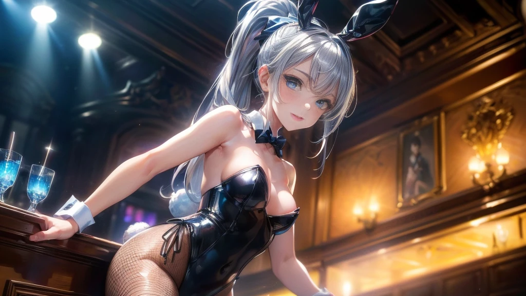 (Highest quality:1.2, High detail, masterpiece:1.2, Best aesthetics), (1 Girl), Cowboy Shot, ((Playboy Bunny, Fishnet tights:1.2, Bunny ears, ハイレグ leotard, 白leotard:1.1, leotard)), (Silver Hair, ponytail, Asymmetrical bangs, Bright Blue Eyes), Beautiful attention to detail, Beautiful lip detail, Highly detailed face, Detailed Fashion, elegant, luxury, High quality fabric, Shine, Shine, smile, Random Pause, Dutch Angle, bar, Nightclub, night, Dramatic lighting, Cinematic, Bright colors, Intricate details, Chiaroscuro lighting.