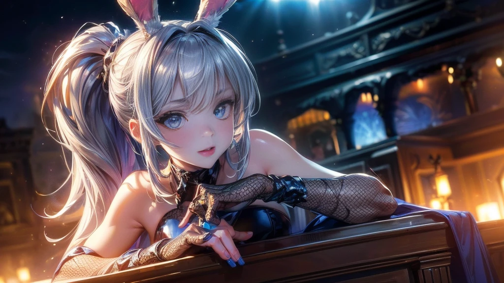 (Highest quality:1.2, High detail, masterpiece:1.2, Best aesthetics), (1 Girl), Cowboy Shot, ((Playboy Bunny, Fishnet tights:1.2, Bunny ears, ハイレグ leotard, 白leotard:1.1, leotard)), (Silver Hair, ponytail, Asymmetrical bangs, Bright Blue Eyes), Beautiful attention to detail, Beautiful lip detail, Highly detailed face, Detailed Fashion, elegant, luxury, High quality fabric, Shine, Shine, smile, Random Pause, Dutch Angle, bar, Nightclub, night, Dramatic lighting, Cinematic, Bright colors, Intricate details, Chiaroscuro lighting.