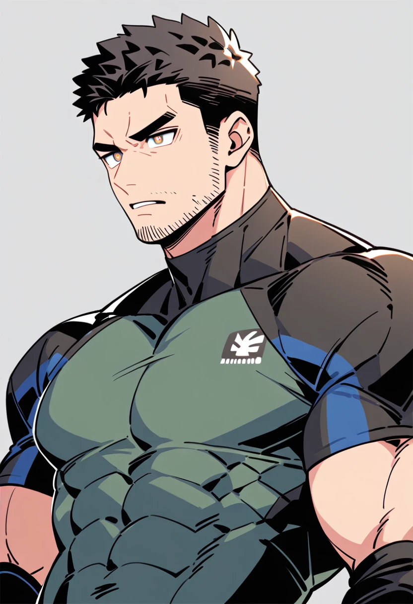 anime characters：Chris Redfield, Muscle Sports Student, Buzz Cut, Manliness, male focus, Dark black Yellow high collar long sleeve tight T-shirt, Very tight, full and perky chest muscles, muscular male, muscular, only, Upper body, alone, Black short hair, Thick eyebrows, stubble, Brown-red pupils, Grey background, simple background, amazing quality, best aesthetics, Ridiculous, parted lips, v-shaped eyebrows, scowl, disdain, best quality