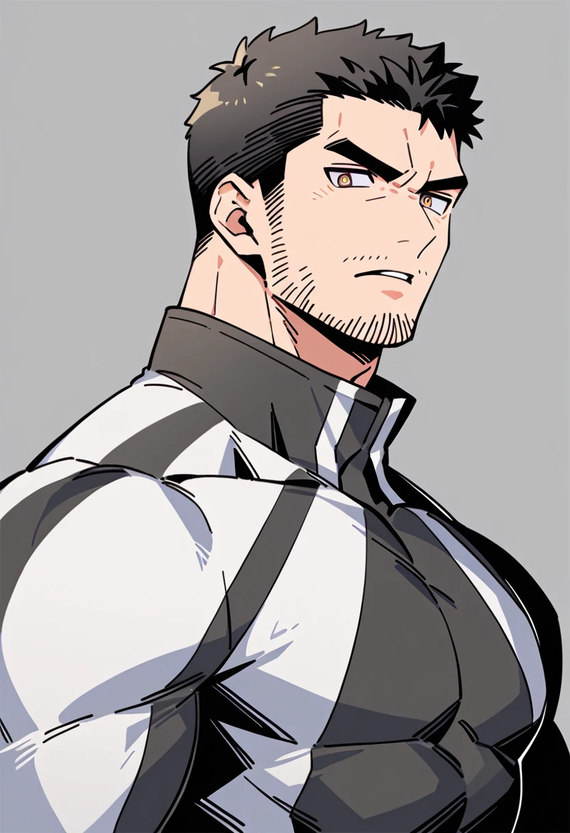 anime characters：Chris Redfield, Muscle Sports Student, Buzz Cut, Manliness, male focus, Dark black Yellow high collar long sleeve tight T-shirt, Very tight, full and perky chest muscles, muscular male, muscular, only, Upper body, alone, Black short hair, Thick eyebrows, stubble, Brown-red pupils, Grey background, simple background, amazing quality, best aesthetics, Ridiculous, parted lips, v-shaped eyebrows, scowl, disdain, best quality