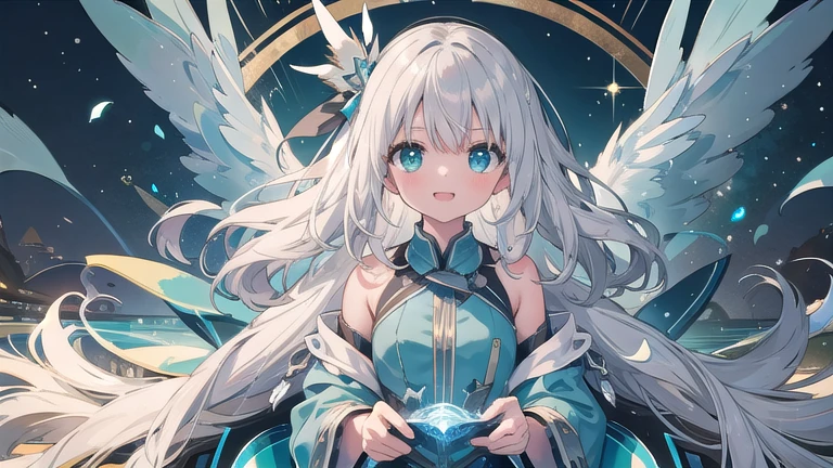 (masterpiece)   Particles of light,  Upper Body,  One girl,   Wavy Hair,  Floating Hair,  smile,  Sitting,  Open your mouth,  Particles of light,  Silver Hair,  Aqua Eye,  View your viewers,  Face Focus