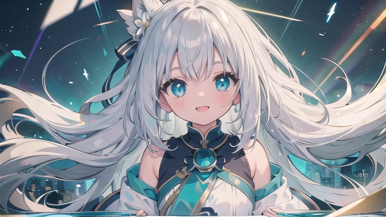 (masterpiece) Particles of light, Upper Body, One girl, Wavy Hair, Floating Hair, smile, Sitting, Open your mouth, Particles of light, Silver Hair, Aqua Eye, View your viewers, Face Focus