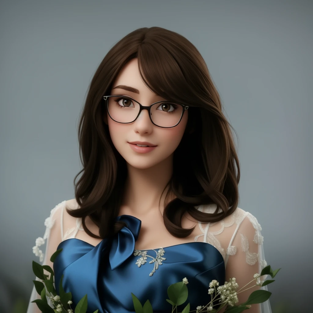 a beautiful woman of 25, with long brown hair,it's made of diamonds, strict look, and blue eyes, Wearing white white shirt with tie and glasses.
