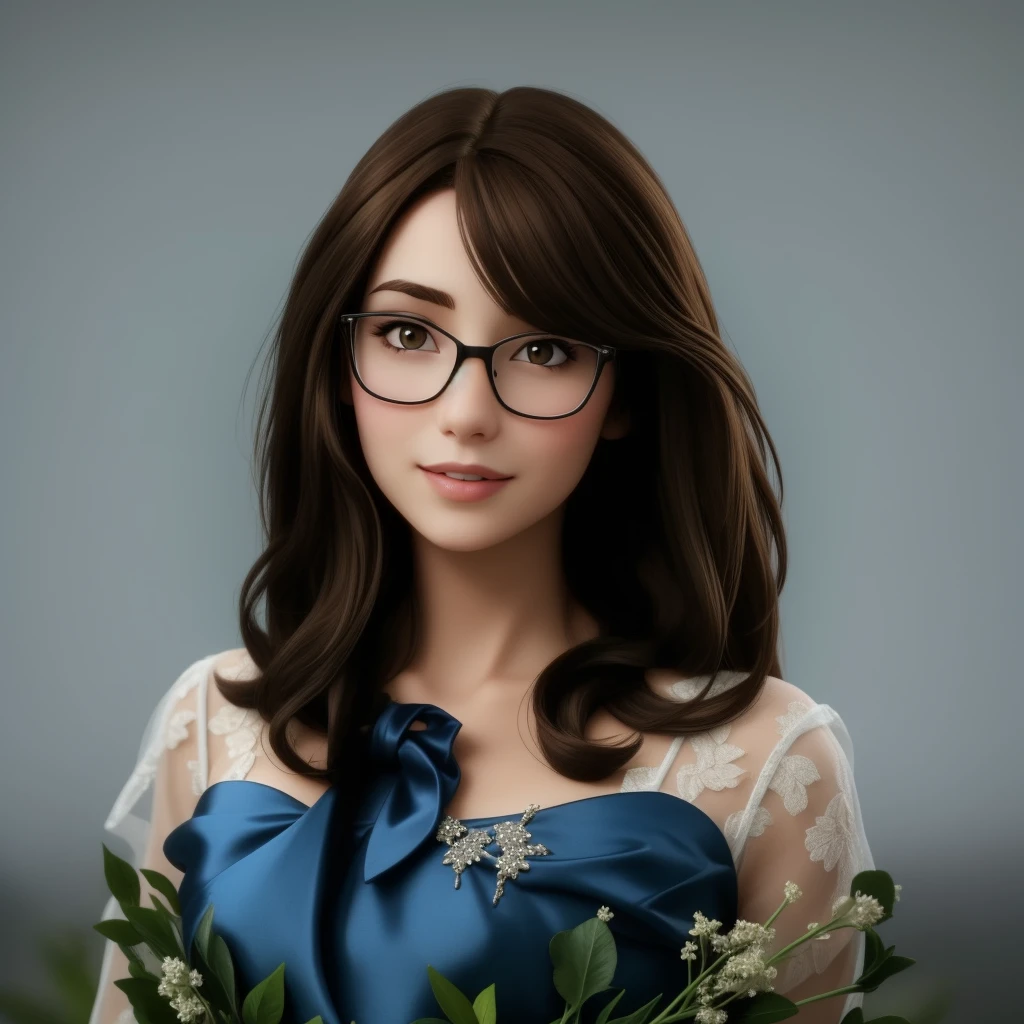a beautiful woman of 25, with long brown hair,it&#39;s made of diamonds, strict look, and blue eyes, Wearing white white shirt with tie and glasses.