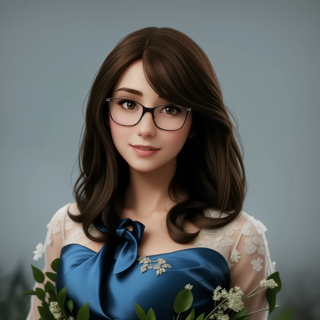 a beautiful woman of 25, with long brown hair,it's made of diamonds, strict look, and blue eyes, Wearing white white shirt with tie and glasses.