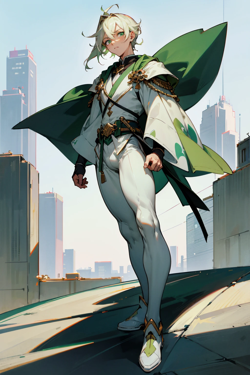 Masterpiece Quality, Perfect Generation, Dark Green Eyes, Detailed Eyes, Skin, White Tied Back Hair, Muscular, Green Clothing, Bored Expression, , City Background, Full Body, Two Toned White Highlighted Hair, Teen, , male, facing viewer, Standing Outside, Close