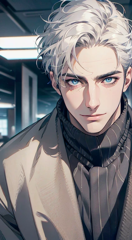 (best quality,4k,8k,highres,masterpiece:1.2),ultra-detailed,(realistic,photorealistic,photo-realistic:1.37),1 man,31 years old,mature man,very handsome,without expression,smile,short grey white hair,blue eyes,penetrating gaze,perfect face without errors,imposing posture,businessman,office background,cinematic lighting,hdr image