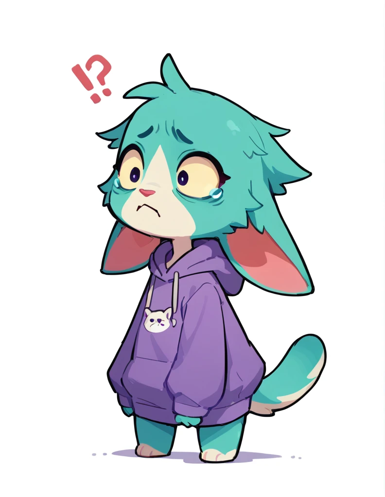 The Q version of the cute furry cat, confused expression, scared, floppy ear, cute, white background, hoodie, full body