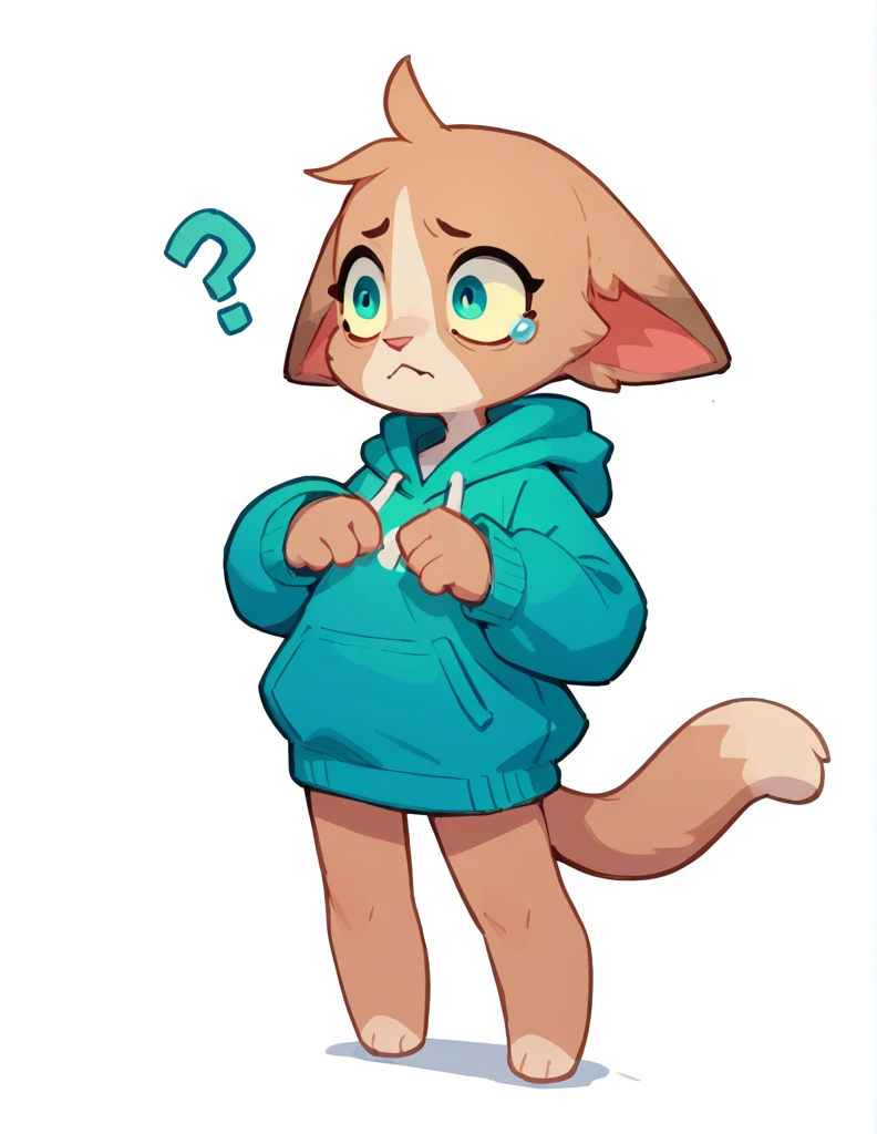 The Q version of the cute furry cat, confused expression, scared, floppy ear, cute, white background, hoodie, full body