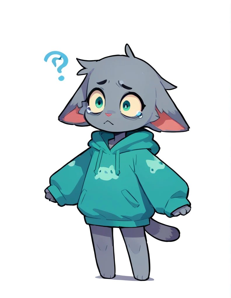 The Q version of the cute furry cat, confused expression, scared, floppy ear, cute, white background, hoodie, full body