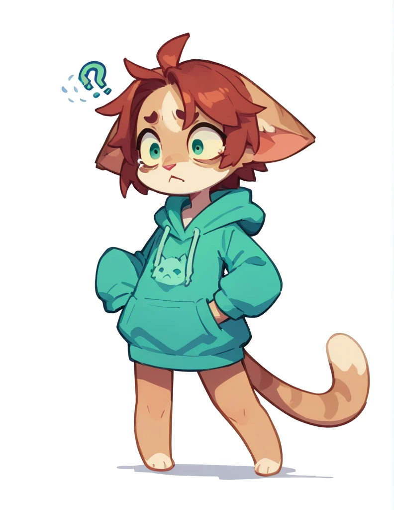 The Q version of the cute furry cat, confused expression, scared, floppy ear, cute, white background, hoodie, full body