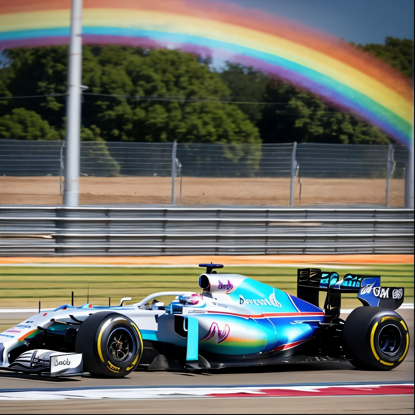 The background is a racing circuit. There is a rainbow-colored F1 car. A beautiful ghost with big eyes is looking at it with amusement. The weather is sunny and the sky is blue.