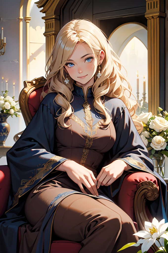 30 year old woman, with defined facial features, shy smile, clear skin, long curly hair, pale gold color, blue eyes, wearing a dark red medieval nobility dress, sitting in a brown armchair, with hands in lap, oil painting, above a fireplace, vases with white flowers, petrol blue color background