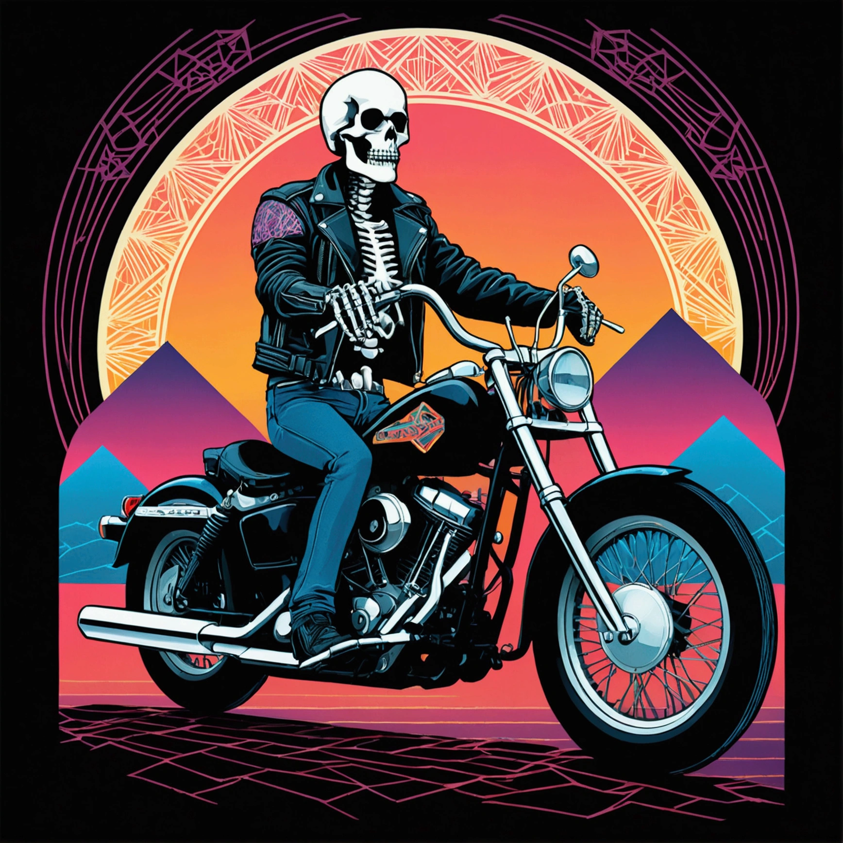 /imagine prompt: a skeleton biker, in a leather jacket and jeans, on a 1979 Harley Davidson, intricate geometric patterns, Art Deco, vector illustration, vintage colors, magical realism, synthwave:: t-shirt vector, center composition graphic design, plain background::2 mockup::-2 --upbeta --ar 1:1
