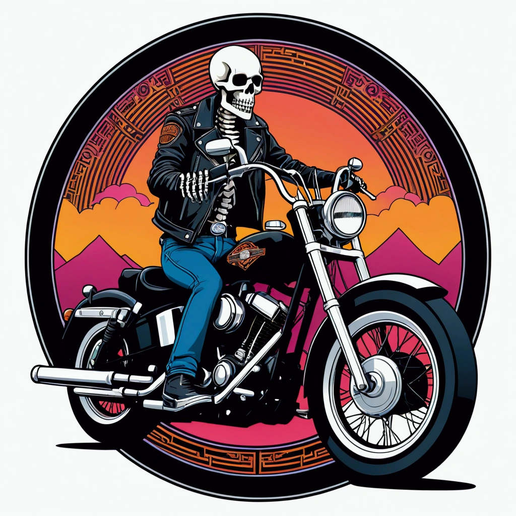 /imagine prompt: a skeleton biker, in a leather jacket and jeans, on a 1979 Harley Davidson, intricate geometric patterns, Art Deco, vector illustration, vintage colors, magical realism, synthwave:: t-shirt vector, center composition graphic design, plain background::2 mockup::-2 --upbeta --ar 1:1