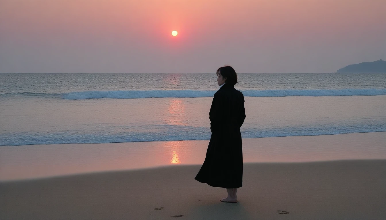 8K, Vivid picture quality, long deserted beach, sunrise viewer from afar, woman with short hair covering her neck, Black trench coat, red light of sunset, sunset, alone, afternoon, depressed, tide가 밀려온다, ocean, tide, wind, short korean girl, 잔잔한 tide, Barefoot waiting to start