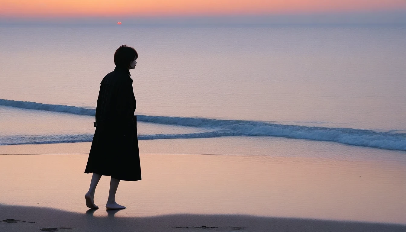 8K, Vivid picture quality, long deserted beach, sunrise viewer from afar, woman with short hair covering her neck, Black trench coat, red light of sunset, sunset, alone, afternoon, depressed, tide가 밀려온다, ocean, tide, wind, short korean girl, 잔잔한 tide, Barefoot waiting to start