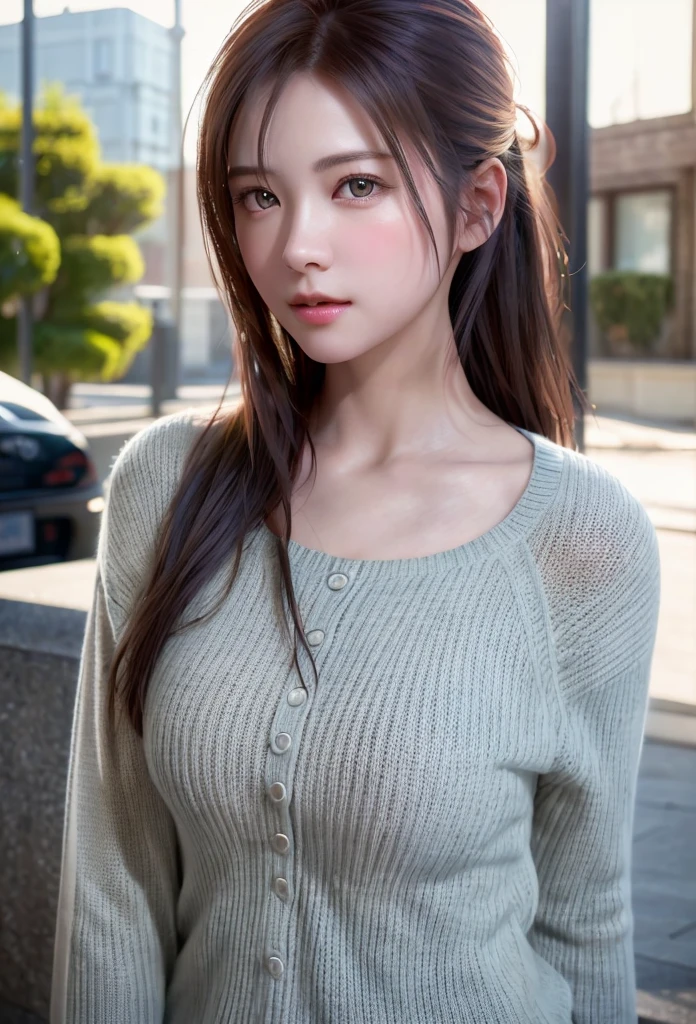 8K, of the highest quality, masutepiece:1.2), (Realistic, Photorealsitic:1.37), of the highest quality, masutepiece, Beautiful young woman, Pensive expression,、A charming、and an inviting look, Oversized knitwear、Hair tied back, Cinematic background, Light skin tone