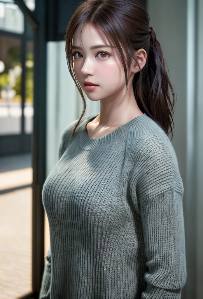 8K, of the highest quality, masutepiece:1.2), (Realistic, Photorealsitic:1.37), of the highest quality, masutepiece, Beautiful young woman, Pensive expression,、A charming、and an inviting look, Oversized knitwear、Hair tied back, Cinematic background, Light skin tone