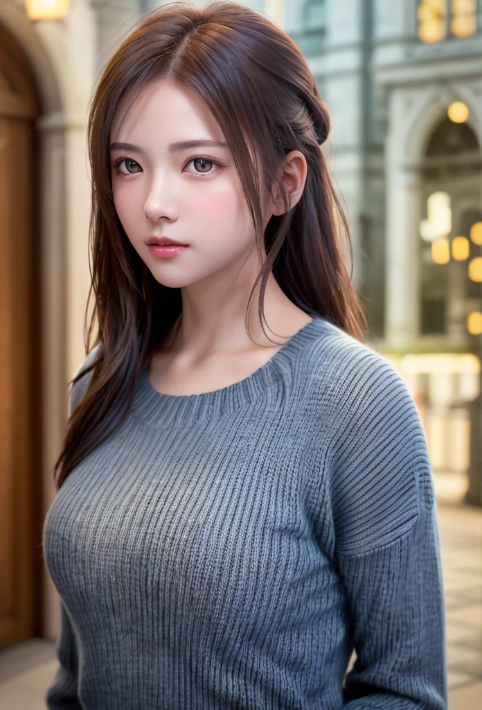 8K, of the highest quality, masutepiece:1.2), (Realistic, Photorealsitic:1.37), of the highest quality, masutepiece, Beautiful young woman, Pensive expression,、A charming、and an inviting look, Oversized knitwear、Hair tied back, Cinematic background, Light skin tone