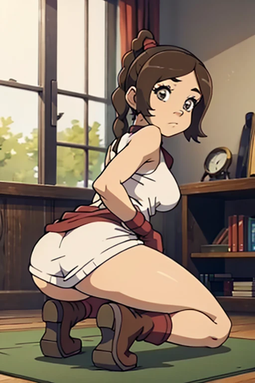 tennis girl's massive rear butt cheeks out of bottomless slutty mini sweater out bare and brown boots, kneeling, wearing oven mittens behind head, blindfold