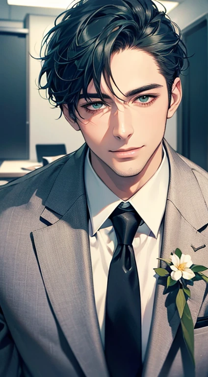 (Highest quality,4K,8K,High resolution,masterpiece:1.2),Super detailed,(Realistic,photoRealistic,photo-Realistic:1.37),1 person,34 years old,Mature Men,Beautiful skin、very handsome,Expressionless smile in love,Short blue hair,green eyes,Sharp Eyes,A perfect face without a doubt,Businessman, CEO, Office Background,Cinema Lighting,HDR image,tie、