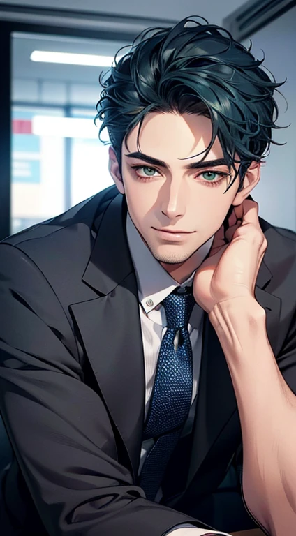 (Highest quality,4K,8K,High resolution,masterpiece:1.2),Super detailed,(Realistic,photoRealistic,photo-Realistic:1.37),1 person,34 years old,Mature Men,Beautiful skin、very handsome,Expressionless smile in love,Short blue hair,green eyes,Sharp Eyes,A perfect face without a doubt,Businessman, CEO, Office Background,Cinema Lighting,HDR image,tie、