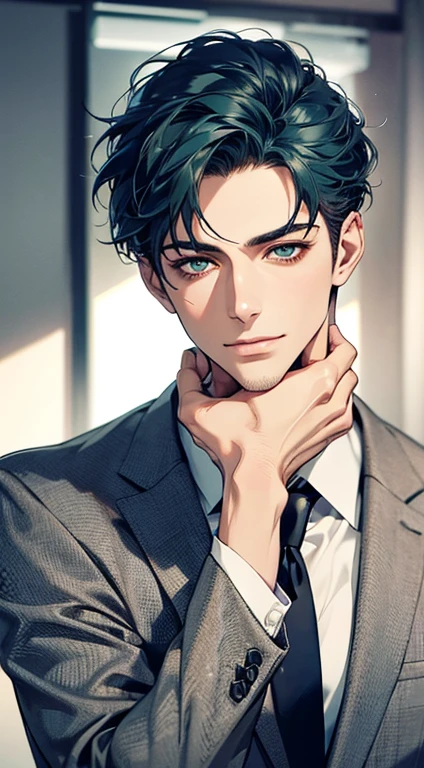 (Highest quality,4K,8K,High resolution,masterpiece:1.2),Super detailed,(Realistic,photoRealistic,photo-Realistic:1.37),1 person,34 years old,Mature Men,Beautiful skin、very handsome,Expressionless smile in love,Short blue hair,green eyes,Sharp Eyes,A perfect face without a doubt,Businessman, CEO, Office Background,Cinema Lighting,HDR image,tie、