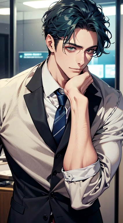 (Highest quality,4K,8K,High resolution,masterpiece:1.2),Super detailed,(Realistic,photoRealistic,photo-Realistic:1.37),1 person,34 years old,Mature Men,Beautiful skin、very handsome,Expressionless smile in love,Short blue hair,green eyes,Sharp Eyes,A perfect face without a doubt,Businessman, CEO, Office Background,Cinema Lighting,HDR image,tie、