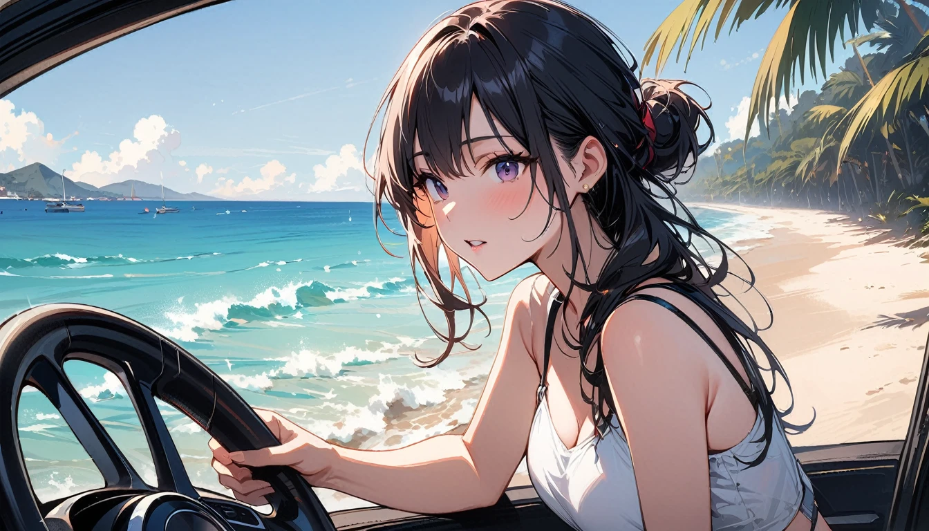 (masterpiece, Highest quality:1.2), 1 Girl, alone,Eyes open,Are you having fun,Tropical atmosphere,Riding in a car near the sea