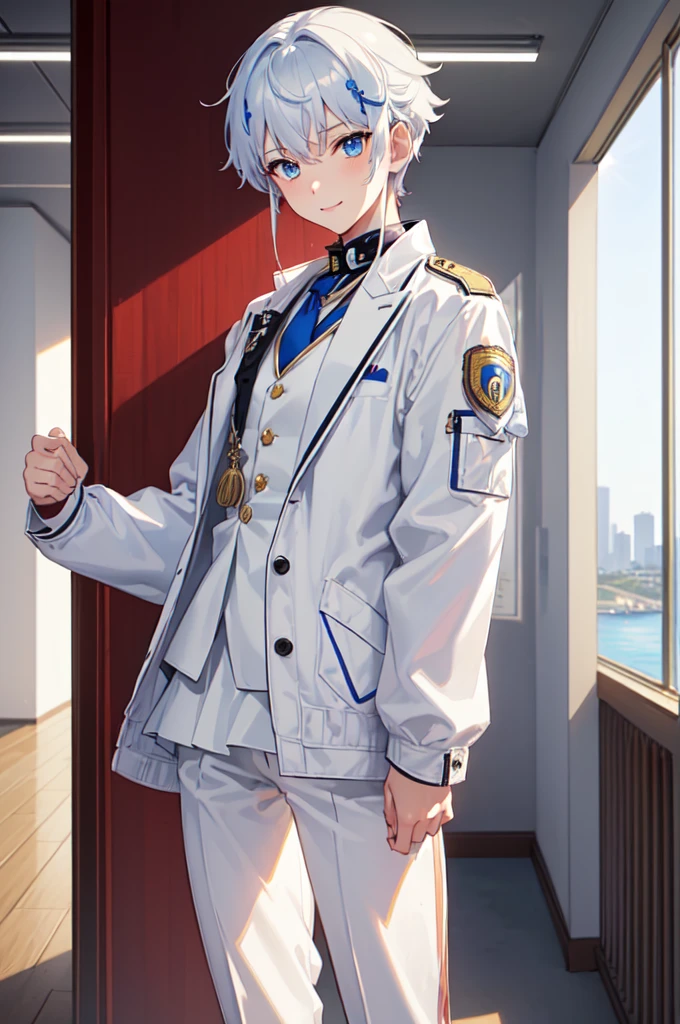 masterpiece, top quality, best quality, official art, beautiful and aesthetic:1.2), (8k, best quality, masterpiece:1.2), (((masterpiece))), (((best quality))), (((extremely detailed))), illustration, who, (masterpiece, top quality, best quality, official art, beautiful and aesthetic:1.2), (8k, best quality, masterpiece:1.2), 1girl, classroom, standing, detailed eyes, blue eyes, white , (((white jacket))), white vest, (((marine jacket with small medals))), necktie, well dressed, anime trap, (((tomboy))), rat tail, (((white dress pants))), white and blue hair, frizzy hair, short hair, smile, full body, classroom, confident, silly,