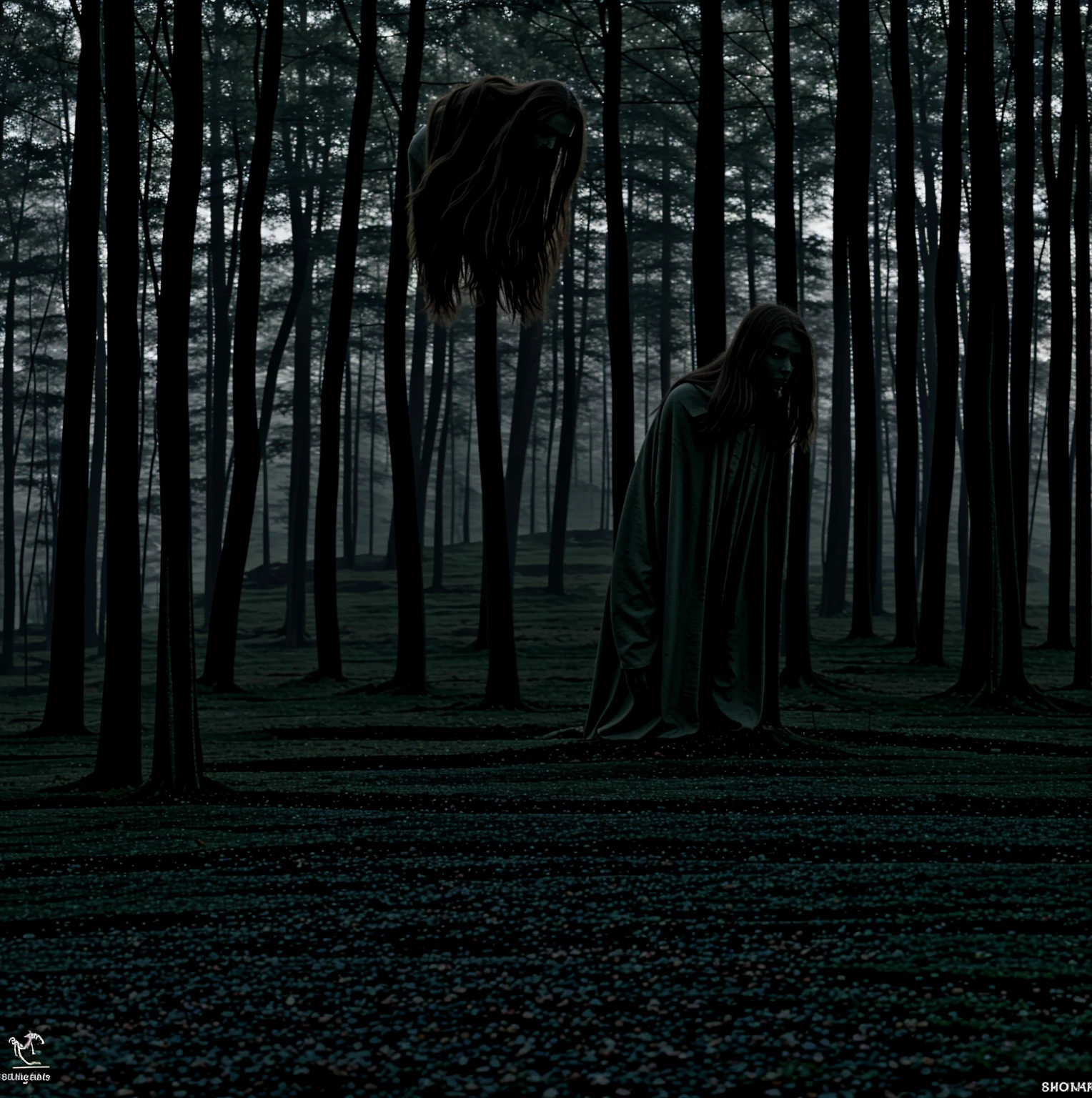 a monster in the woods, hidden by night, triangular shaped head, long patchy hair across entire body, lanky, really long torso, on all fours, staring at you, 4 bright white eyes, hidden in shadows, in the woods at night, horrifying encounter, cryptid, shrouded entirely in darkness