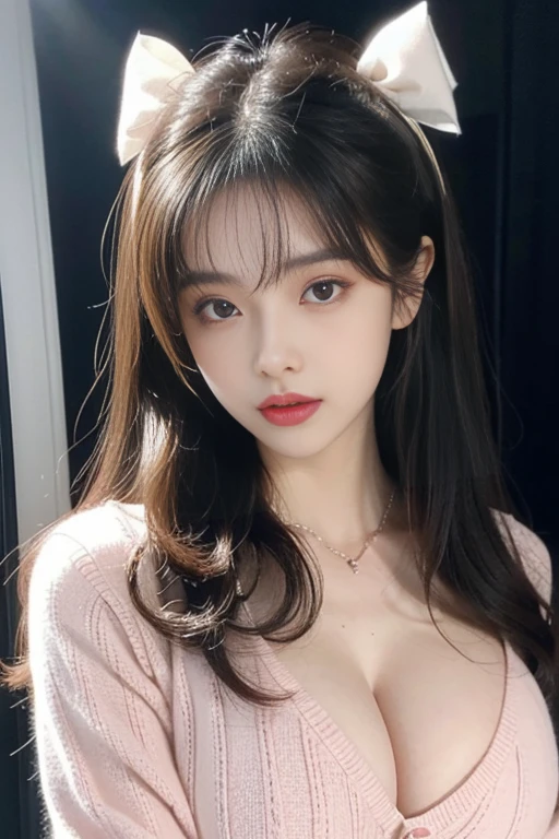 Kim Jennie with white brown hair, with curlers at the ends, with two bows on each side of the hair, all her hair white brown, with a star clip in her white brown hair, light colored eyes, pretty eyes, crying eyes, pretty, upturned nose, watery nose, Pretty lips, pink lips, heart and cupid shaped lip, pretty skin, pale, White skin, with moles and freckles all over his face, soft pink blush on the cheeks, natural pink blush, soft pink makeup, Jennie, nice neck, marked collar, frown, tender look, with a kiss necklace, a pretty kiss necklace, similar to Yumeko Jabami, while wearing a Crochet YK2, woolen, with a YK2 style brown mini skirt, while wearing a jacket with bear prints, while having a bare abdomen, Delgado, marked and pretty, (big breasts, soft breasts,no breasts), while she is cosplaying the character Yumeko Jabami, The anime Kakegurui, looking to the camera