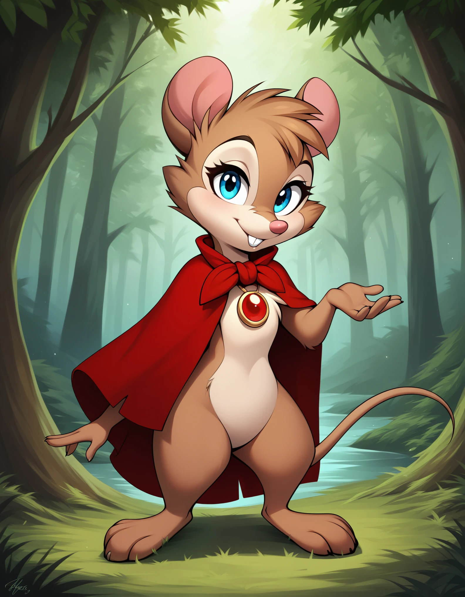 score_9, score_8_up, score_7_up, source_furry, source_safe, best quality, forest, BREAK, 1girl, mrsbrisby_tsonimh, mouse girl, semi-anthro, furry, brown fur, wearing red cape, wearing red pendant, mostly nude, standing, closed mouth, looking at viewer, smile, buck teeth, featureless crotch, featureless chest