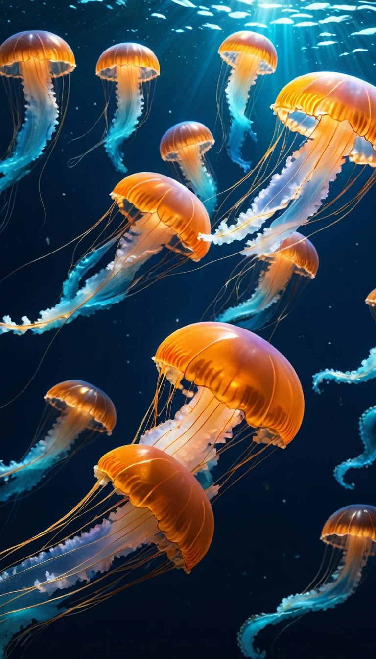 Many jellyfish floating in the dark ocean、Fantasy、8K, 16K, Awards, Highest quality, High resolution, Super Detail