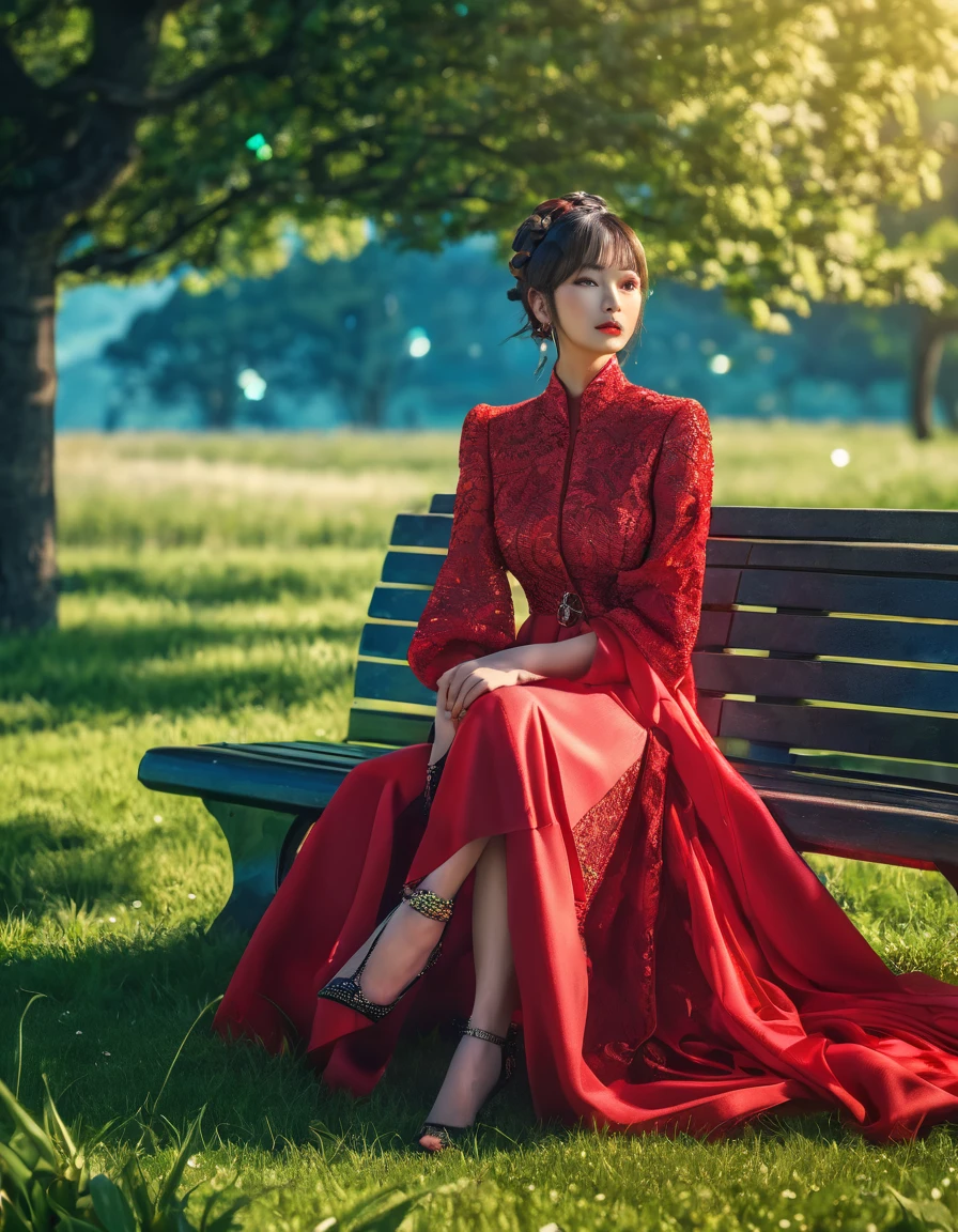 Hyper-maximalist, raw photography, ultra-detailed photorealistic textures, artistic bokeh, [fashion woman in fancy red ress on a bench, green grass and blue sky in the background], featured on pixiv, cinematic composition, dynamic pose, beautiful lighting, sharp, details, hyper-detailed, Sony/Zeiss 90mm,f2.8,shutter speed of 1/500s,WLOP,HDR,8k,vray