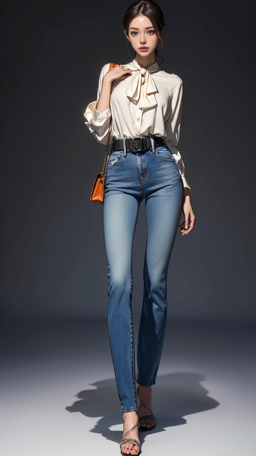 ((best quality,4k,highres,masterpiece:1.2)),((character concept art)), 1 female, . For a casual weekend outfit, (((she's dressed in a relaxed yet chic ensemble by Hermes. She's wearing a simple white Hermes silk blouse paired with the brand's iconic high-waisted, belted denim jeans))). The outfit is completed with a pair of comfortable Hermes Oran sandals, perfect for a casual weekend outing. Her accessories include a classic Hermes Evelyne cross-body bag and a stylish Hermes enamel bangle. Despite the casual nature of her outfit, her style exudes an air of effortless elegance and sophistication that is characteristic of the Hermes brand. ((intricate detail)), super finely detailed hands, ultra finely detailed fingers(((ten fingers))), (standing casually), (full body showcase), (show full body), (no logos on background), (no logo), ((plain background)), ((plain background)), (((empty background))).